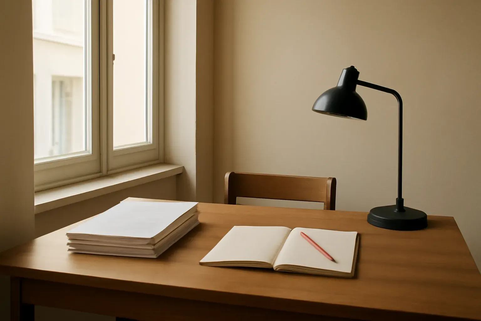Un bureau de studio avec papier, encre et règle, lumière de jour chaude.