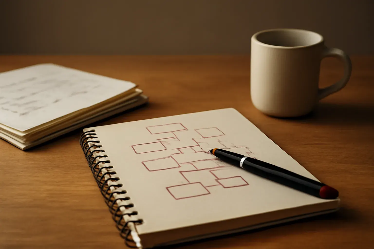 Carnet, stylo et papier sur un bureau.